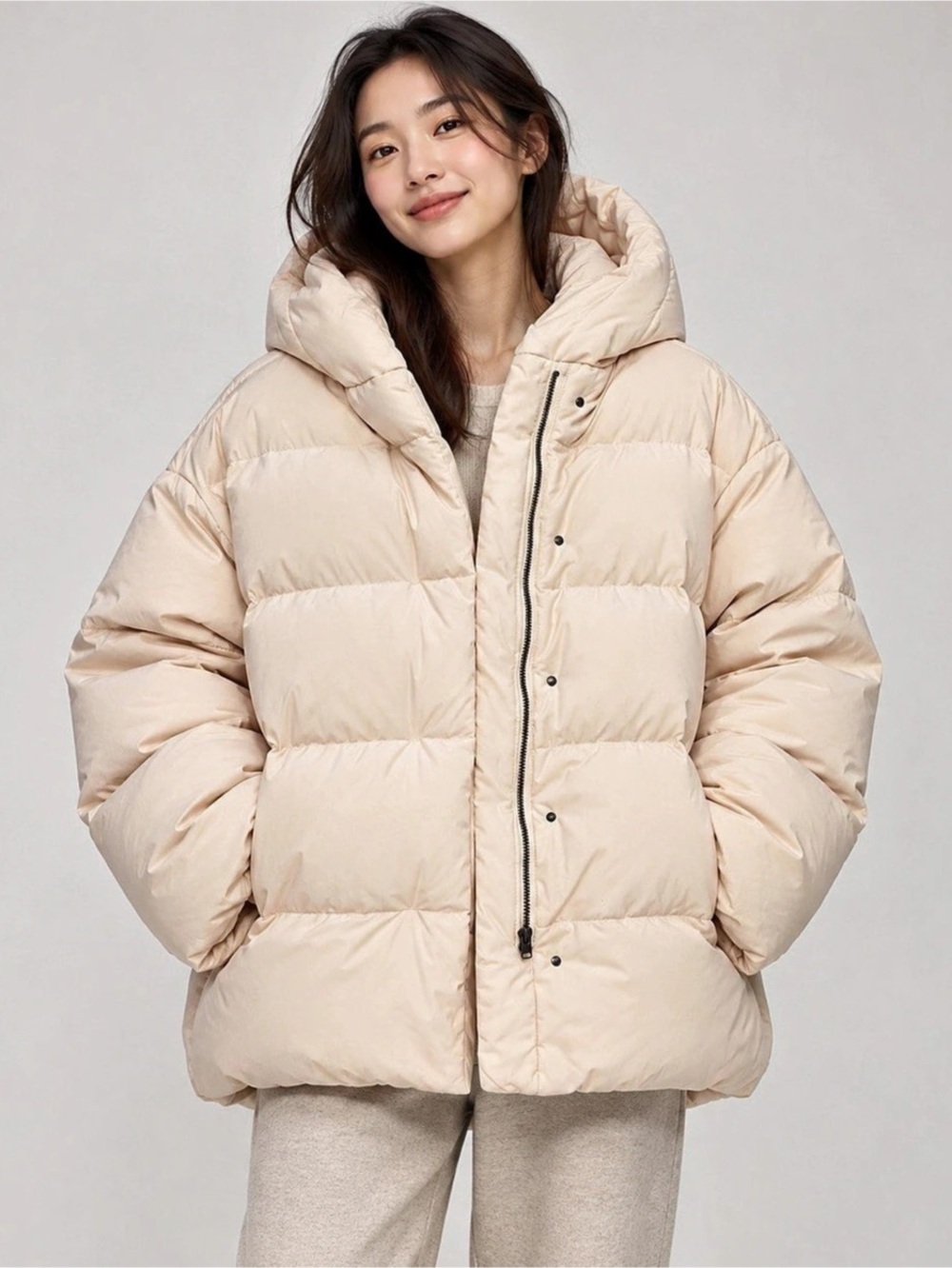 UNIQLO Women’s Cream Hooded Down Puffer Jacket – Size M